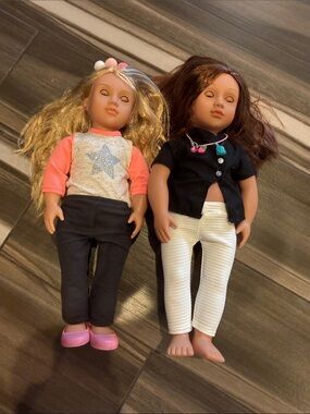 Kids  Doll Pair - Blonde & Brunette Dolls in Pink, Black, White Outfits